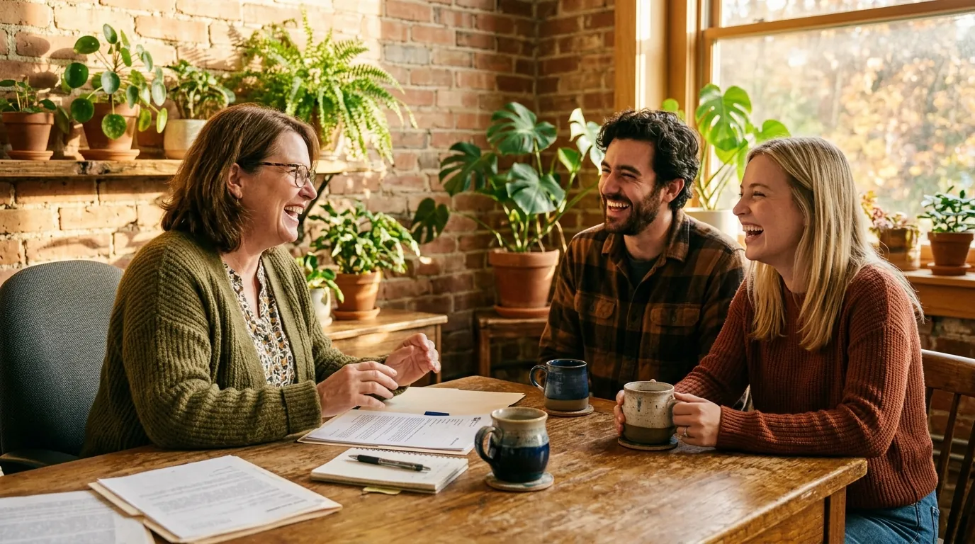 Erin Henderson laughing with clients across the desk